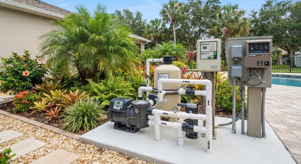 Clean, organized pool equipment pad