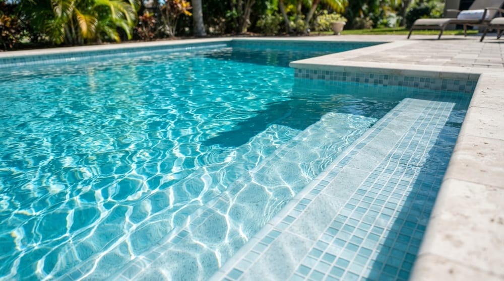 Crystal clear turquoise pool water over clean steps